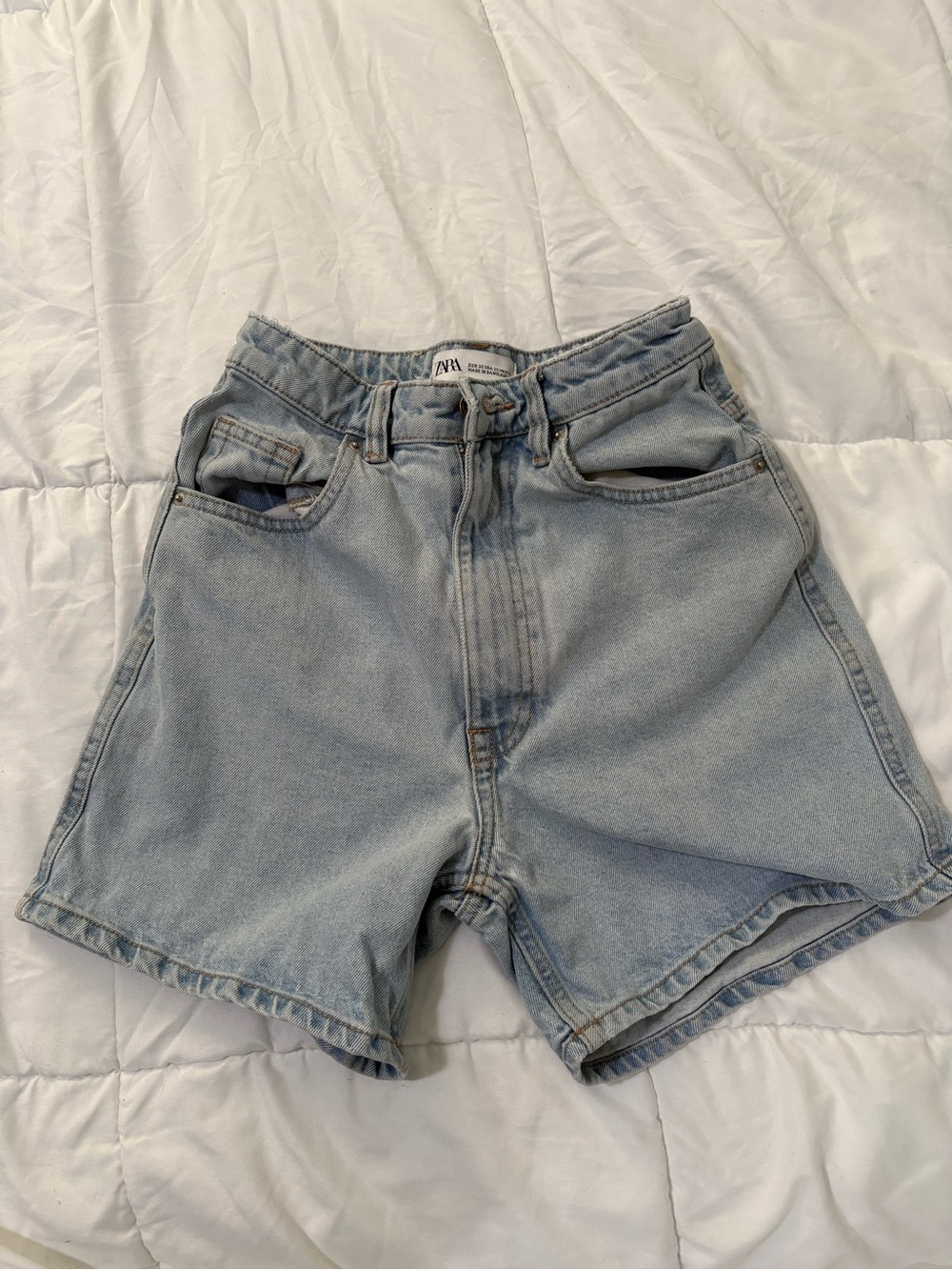 Zara Light Blue Distressed High-Waist Denim Shorts
